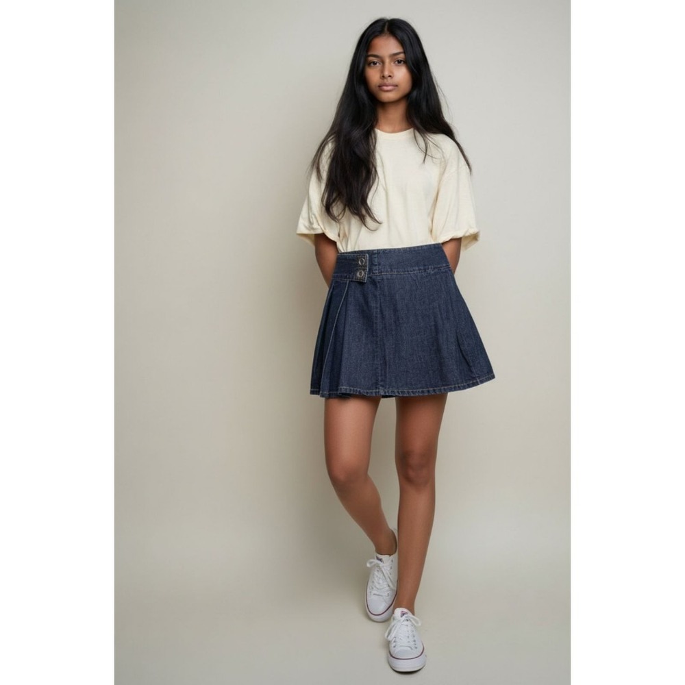 United Colors of Benetton Women's Dark Wash Denim Pleated A-Line Mini Skirt Size